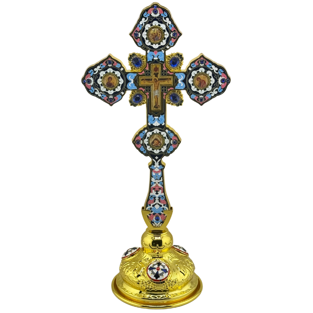 Orthodox Altar Cross In Gilding With Colored Enamel (Stand Optional) Orthodox Altar Cross In Gilding With Colored Enamel (Stand Optional)